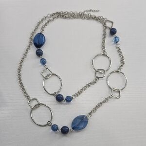 Long Silver Necklace With Blue Gems